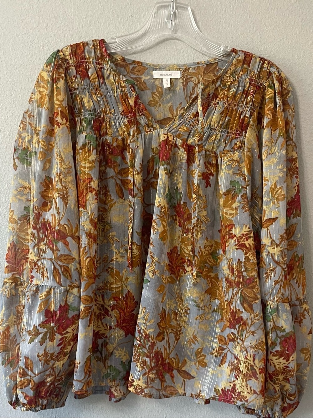 Maurices Boho Floral Metallic Blouse Sheer Peasant Ballon Sleeves SZ S - Picture 2 of 7